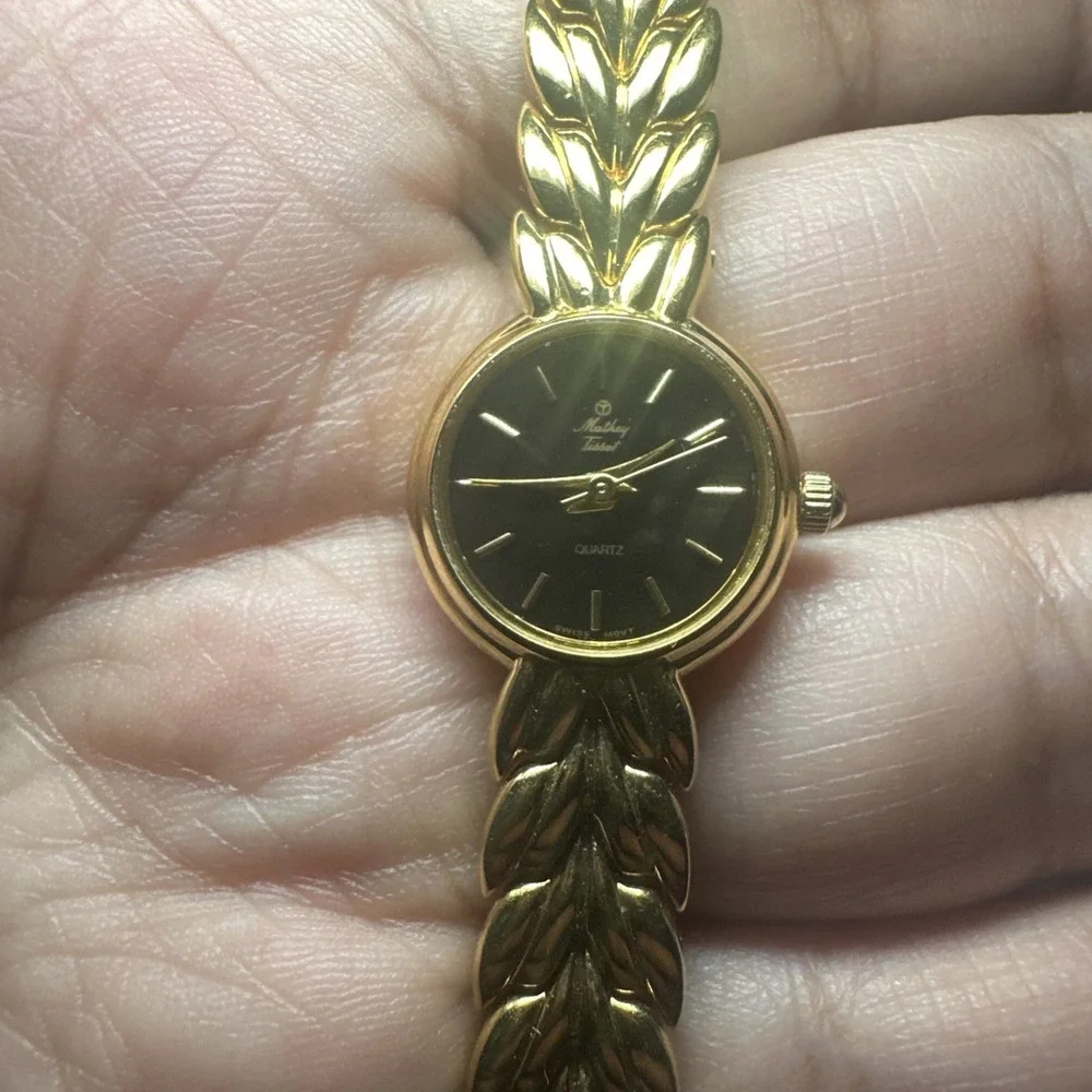 Working VTG Mathey Tissot Swiss 18mm Gold Tone Black Dial WomenS Watch FIT 6.75